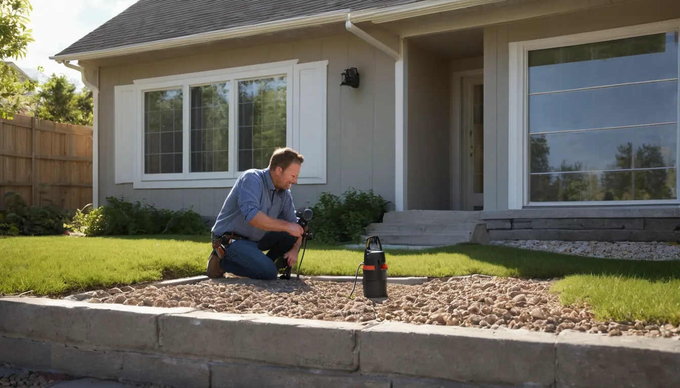 A provider inspecting a basement window well for pests in a Aurora home