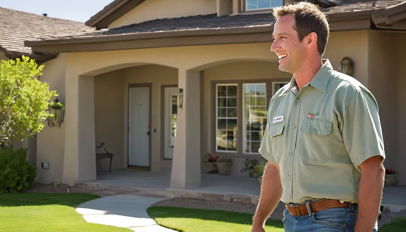 A friendly pest control provider talking with a homeowner outside a frame and stucco home in Aurora